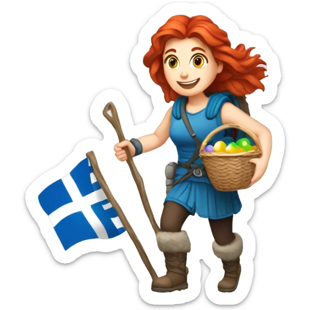Greek Female winter mountaineer red hair white skin climbing with Greek Flag and Easter eggs basket sticker