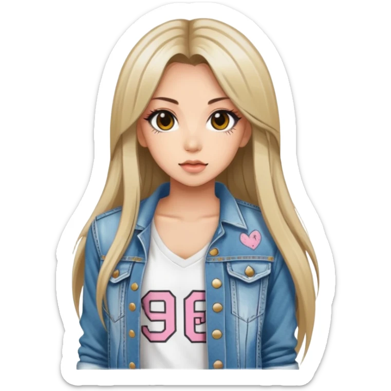 hime gyaru girl, tattoos, long straight hair, white v neck tee with grunge jean jacket sticker