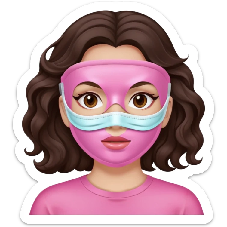 A white girl with long dark brown wavy hair and a pink cosmetic mask on her face sticker