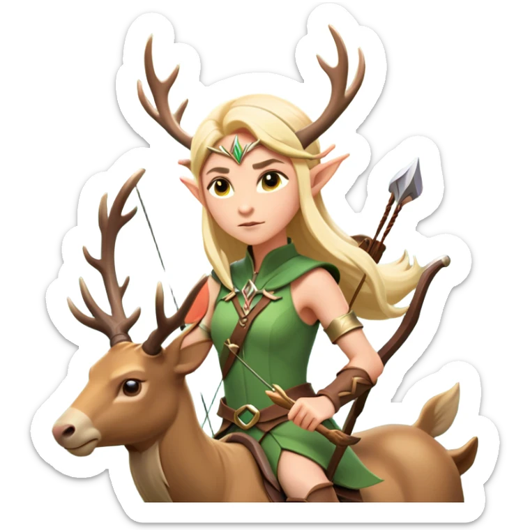 clash-of-clans-aesthetic-blond-elf-archer-portrait-emoji, rendered in a flat, vector-style with minimal shading and bold, simplified shapes, head tilted slightly forward with a determined, focused expression, riding a majestic stag whose luminous antlers glow with mystical energy, set against an ancient, enchanted forest backdrop. sticker