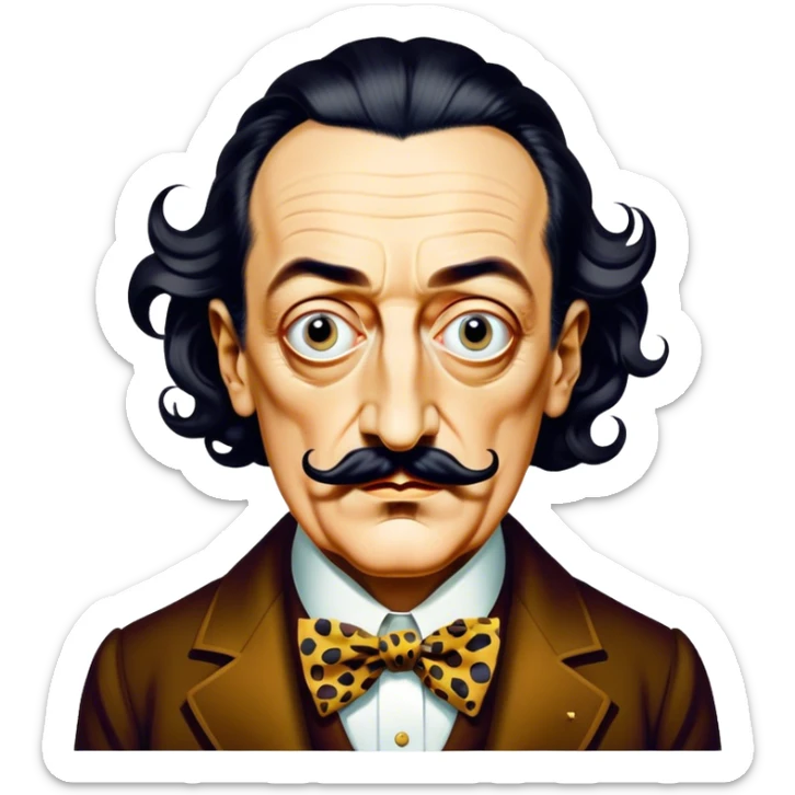 Cinematic Realistic portrait of Salvador Dalí, depicted as a surrealist artist with eccentric, expressive features and his iconic mustache, rendered with vibrant, imaginative lighting and richly detailed period attire that capture his avant-garde essence. sticker