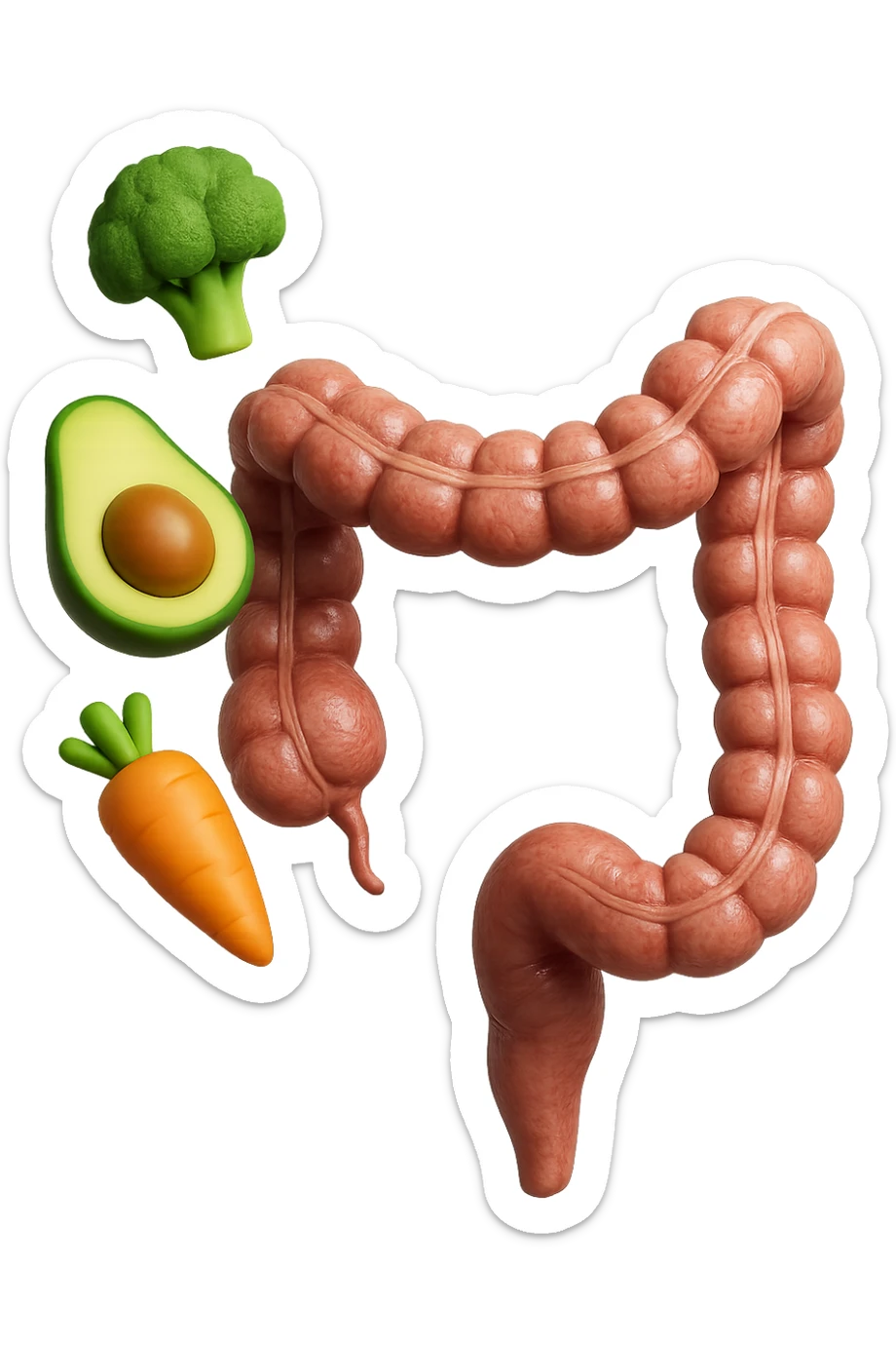 emoji stile iphone in 3d di cibo sano che fluttua in aria vericalmente insieme a pezzi di colon umano anatomico, iperrealistico 4k sticker