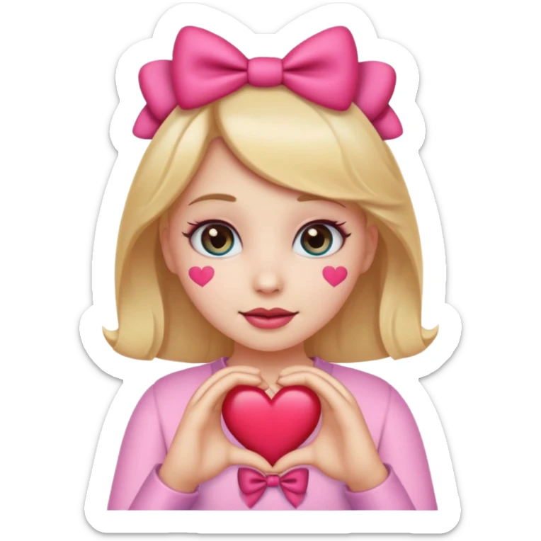 girly girl emoji, wearing a bow, sparkly eyes, making a heart with hands sticker