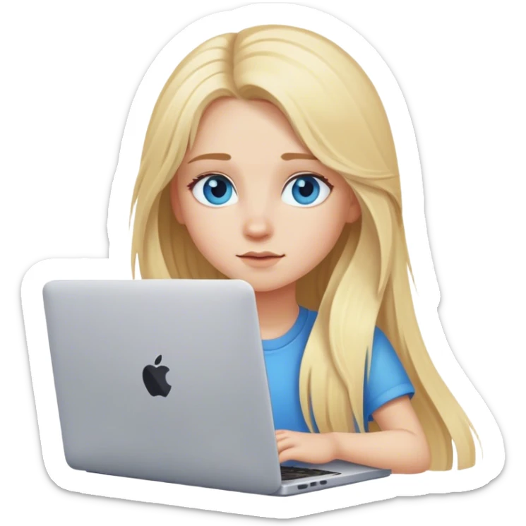 blonde girl with long hair and blue eyes sits at a laptop sticker