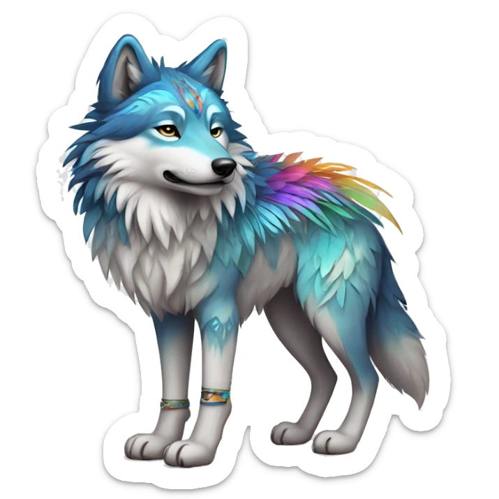 Fluffy Shy Colorful Spiritual Shamanic Wolf With Shiny Tribal Markings wearing feathers Full Body sticker