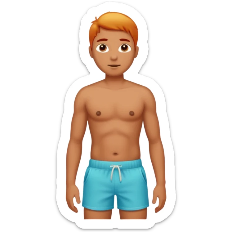 Emoji-style person in beach shorts with sunburned shoulders and chest - the chest and stomach should be white, the rest of the skin should be very red - very sunburned.  sticker