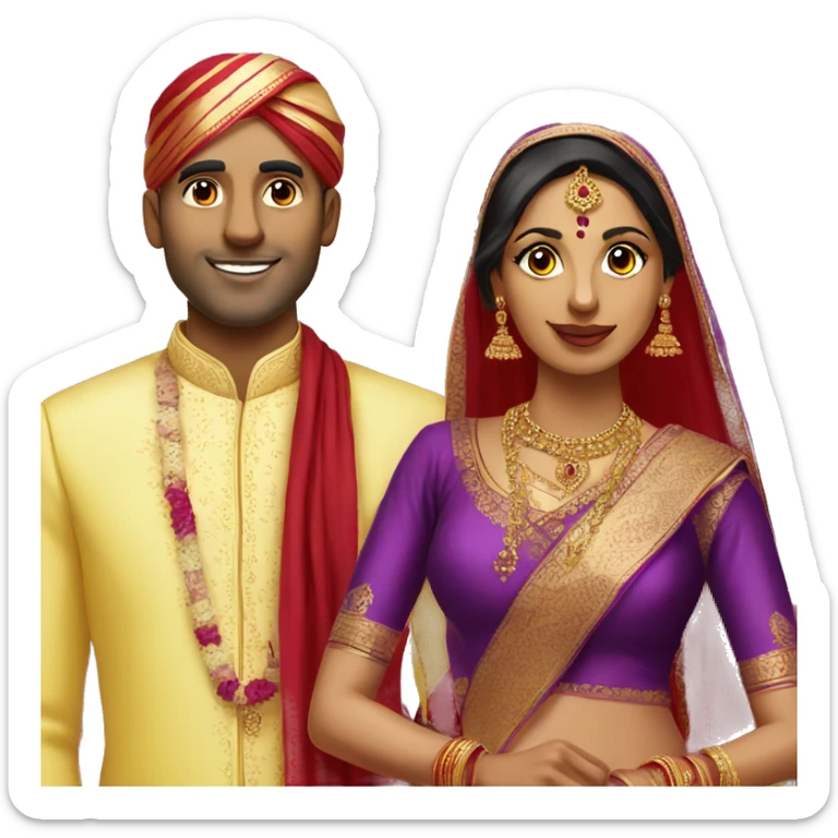 Indian bride and groom without turban. Yellow saree with red blouse and purple sherwani.  sticker