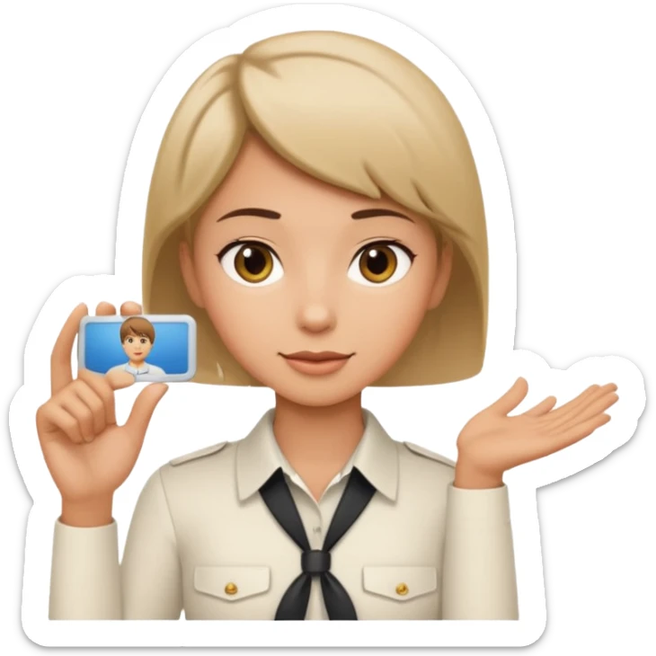 A young short-haired female tour guide wore a white shirt and showed everyone her license, which was horizontal. sticker