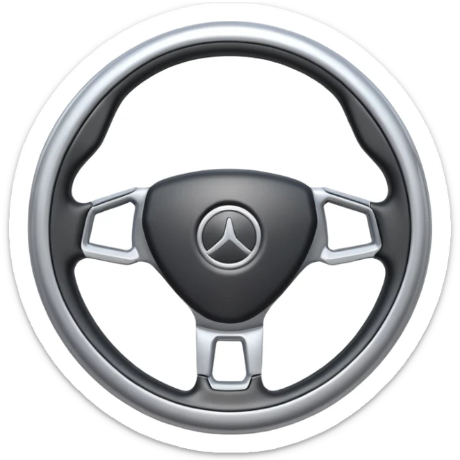 A futuristic steering wheel emoji made of silver chrome, minimal geometric design, smooth metallic surface, soft reflections, iOS emoji style, centered, clean white background sticker