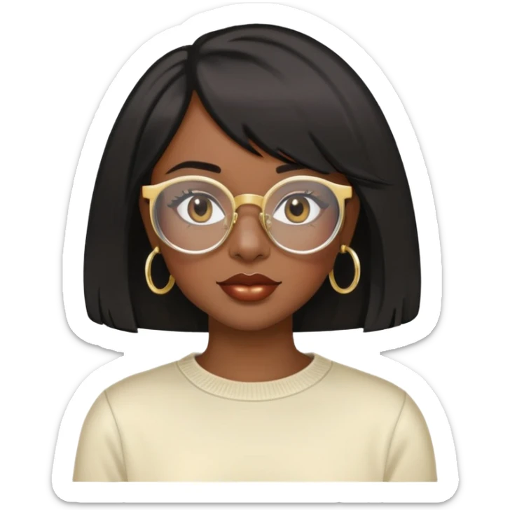 Dark Black girl with black shoulder length bob with layers. She wears clear glasses and has on small gold hoop earrings and lipgloss. Shes also wearing a cream colored crew neck shirt sticker