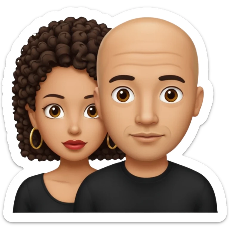 A picture of a tanned couple. the man is a Mexican man with tanned skin, a bald hair cut, short beard and wearing a black shirt. the woman is mixed, with curly medium length hair, with big boobs and lips  sticker