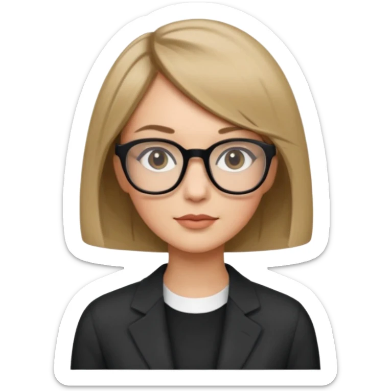 woman dark blonde petite bob haircut wears dark squarish glasses, classic clothes sticker