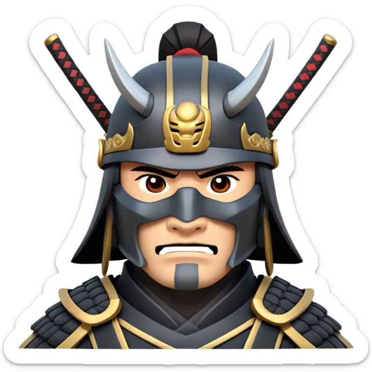 clash-of-clans-aesthetic_-cinematic-fearsome-and-majestic-samurai-bust-portrait-emoji, rendered in a flat, vector-style with minimal shading and bold, simplified shapes typical of emoji art, depicting a battle-hardened samurai with black mask and traditional black Japanese armor. The samurai is riding a noble grey warhorse adorned with an intricately designed saddle and fluttering banners and a rising sun. a samurai on a   horse sticker