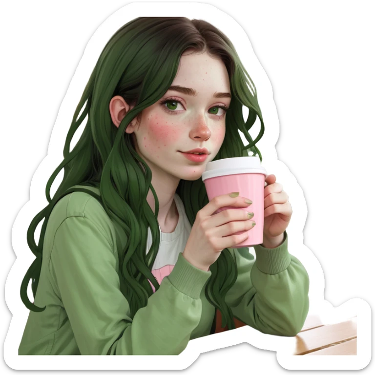 Girl with long dark slightly wavy hair and pale skin with freckles wearing cottage core outfit with pinks and whites drinking a coffee sticker
