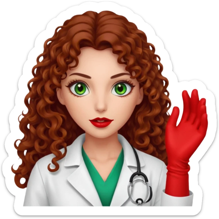Spanish sexy evil woman. She has green eyes.  had brown long curly hair.  evil surgeon kills with needle wears red sexy doctor coat with red long mouth cover red gloves.  sticker