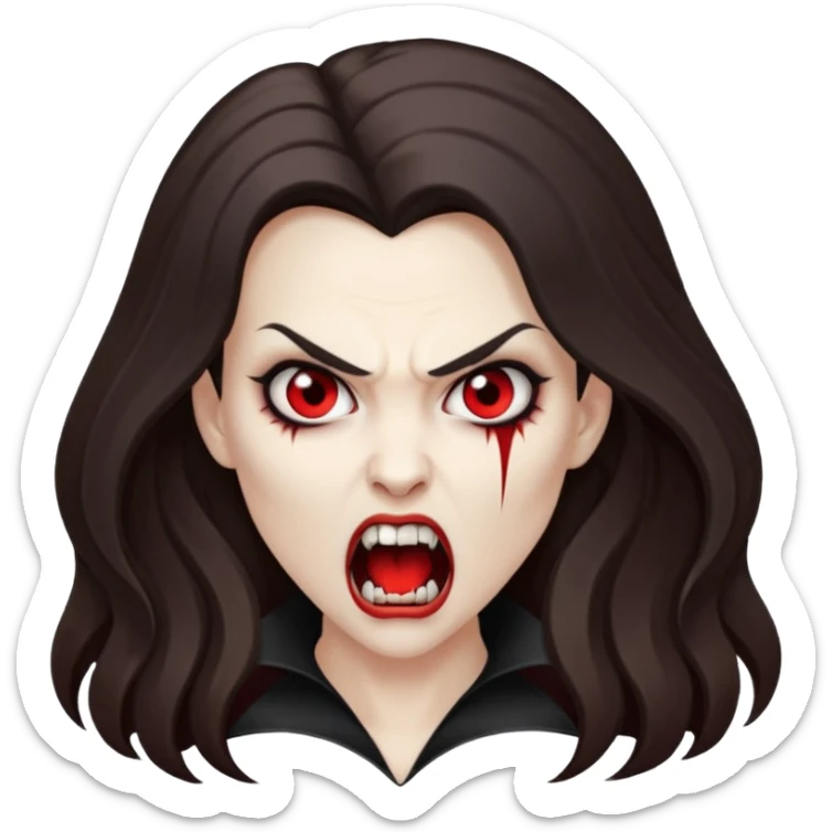 vampire woman with white skin, brunette, long hair, angry face, fangs out sticker