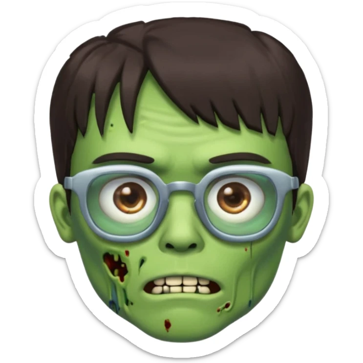 an emoji of a male green zombie with dark brown hair and female bangs that cover your entire forehead and extend to your eyebrows, wearing square, bluish glasses. sticker