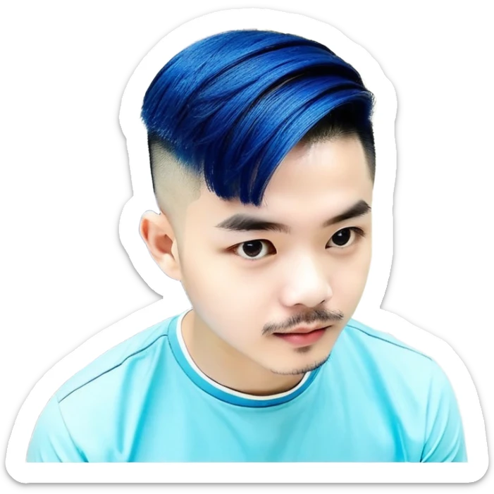 Nam 15 tuổi, da trắng, tóc under cut màu xanh lá cây vuốt ngược ra sau, mắt đen, áo khoác da màu cam , bên trong mặc áo cộc tay màu trắng, đeo khuyên tai màu bạc, mặt ngầu sticker