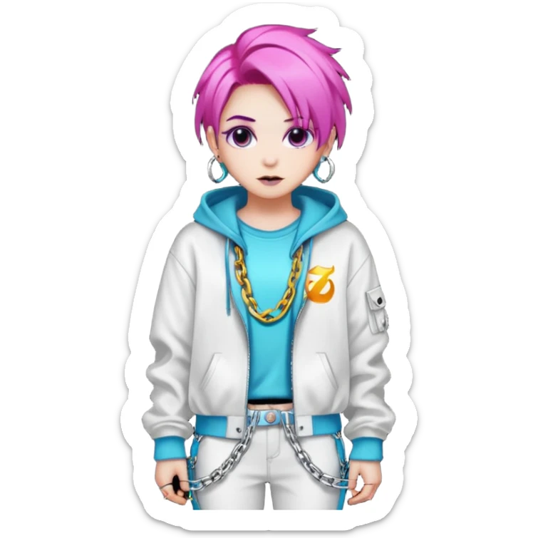  ghost-portrait-of-in-kpop-style,-wearing-flashy-streetwear-outfit,-colorful-dyed-hair,-confident-pose,-accessorized-with-chains- sticker