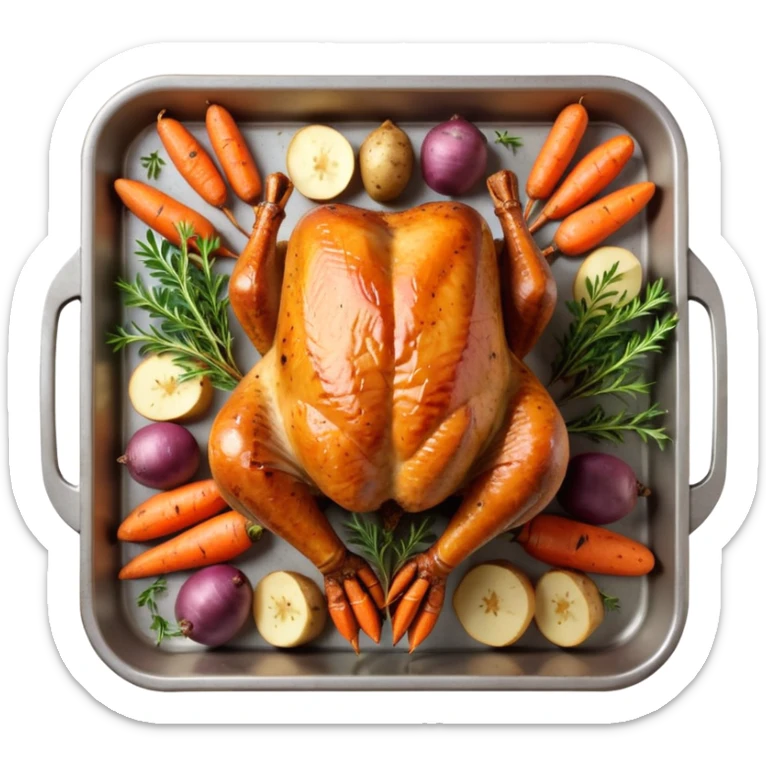 roasted turkey in a baking tray, golden brown crispy skin, whole turkey surrounded by vegetables, oven-baked meal presentation, juicy texture, warm food lighting, 3D cartoon style, mobile game icon style, centered composition, clean background, no text, no watermark
 sticker