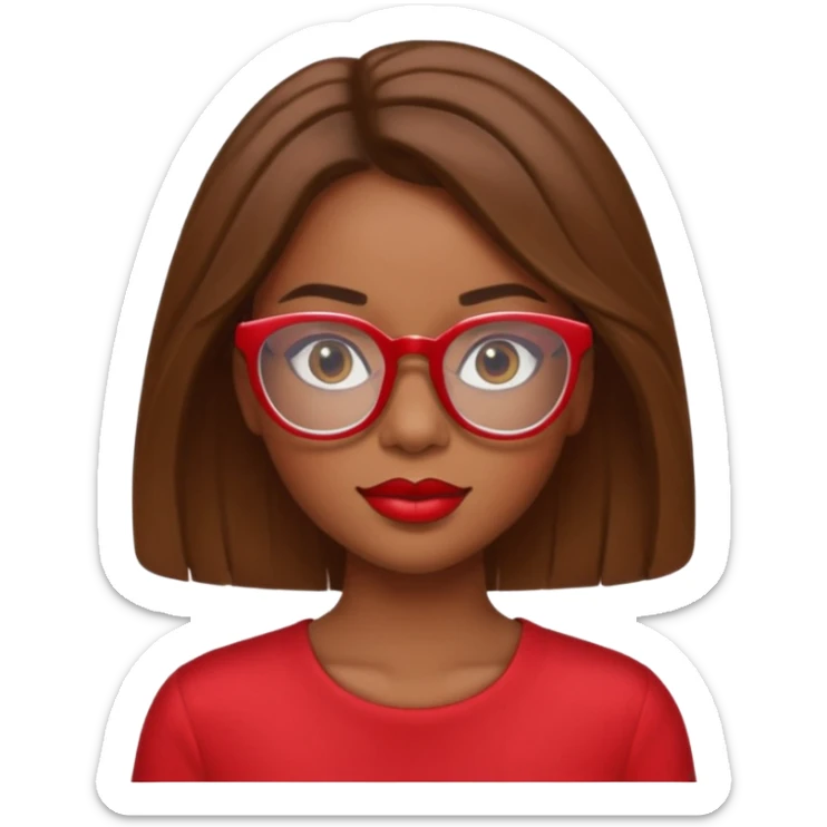 It creates a girl with brown skin, hair a little below her shoulders, just a little, pretty clear glasses, wearing red clothes and red lipstick. sticker