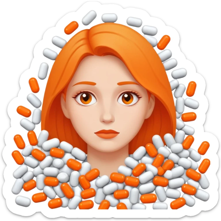 A lady buried in a huge pile of pills, the pills are all half white and half orange sticker