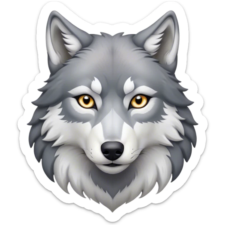 Cinematic Noble Wolf Portrait Emoji, Poised and regal, with a strong, lean build and a sleek, well-groomed Fur of grey and white, deep-set soulful piercing eyes, Simplified yet sharp and sophisticated features, highly detailed, glowing with a soft, dignified glow, high shine, intelligent and fierce, stylized with an air of wild majesty, focused and attentive, soft glowing outline, capturing the essence of a watchful and confident alpha, so majestic it feels as though it could howl out of the screen with effortless authority! sticker