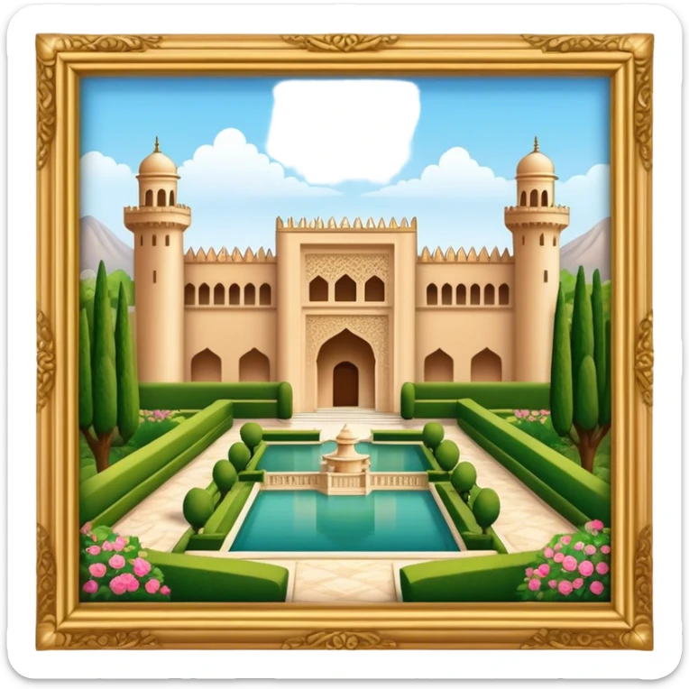 Cinematic Realistic Alhambra Landmark Emoji, showcasing the ornate historic palace with lush gardens rendered with rich textures and soft, majestic lighting. sticker