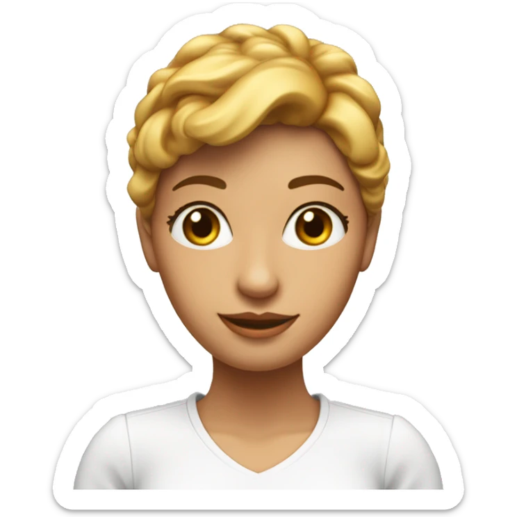 Has un emoji 3D de una chica de 18 años con el pelo ondulado café, con ojos café unos labios lindos rositas Una blusa blanca con cuello V sticker