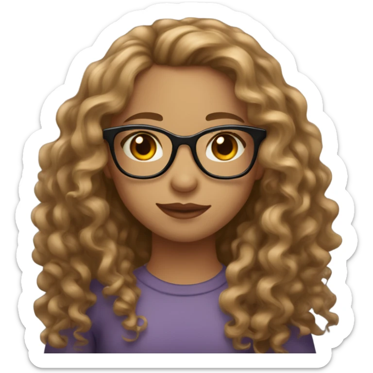a girl with light brown long curly hair, light skin, hazel eyes, glasses and heart shaped lips sticker