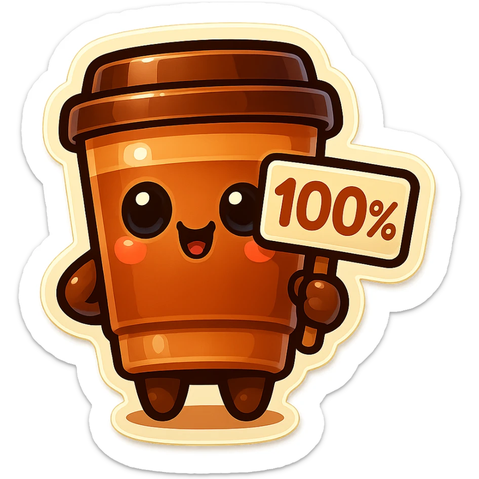 Tall coffee cup, holding sign "100%" sticker