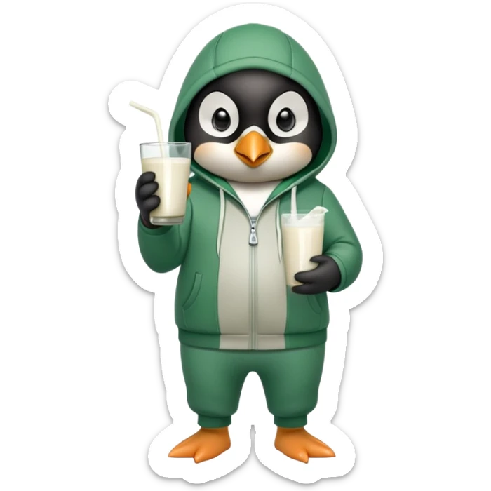full body portrait of a friendly anthropomorphised penguin wearing a green mafia-style tracksuit, angry, intense brooding posture, holding a glass of milk sticker