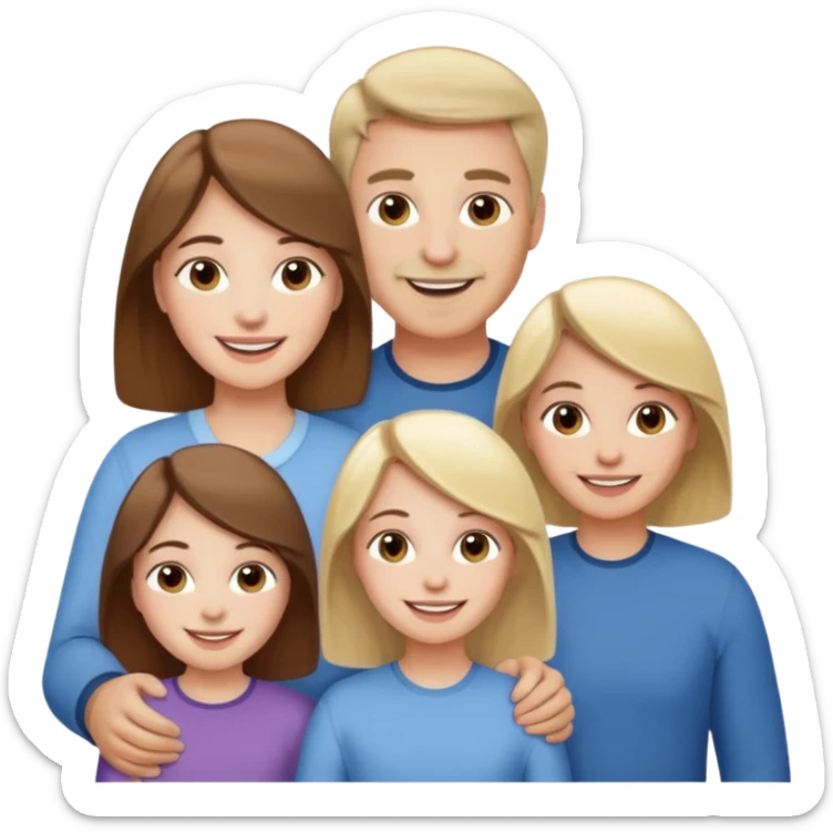 happy pale white family with one brown hair dad, one brown hair mom, one blonde girl, and one brown hair girl sticker