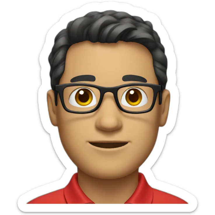 Man with black hair and glasses wearing red polo shirt with green collar sticker