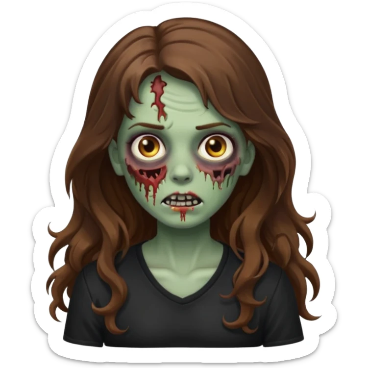 Zombie girl with wavy long brown hair And black shirt emoji sticker