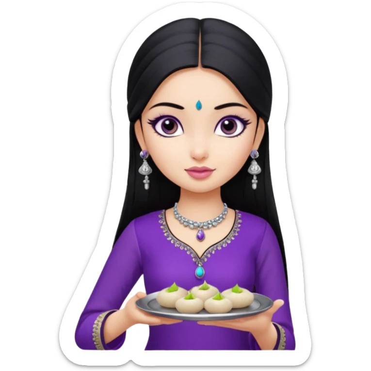 a pretty bratz girl with straight black hair, wearing a purple kurti, silver jhumkas, eyeliner, carrying a plate of momos sticker
