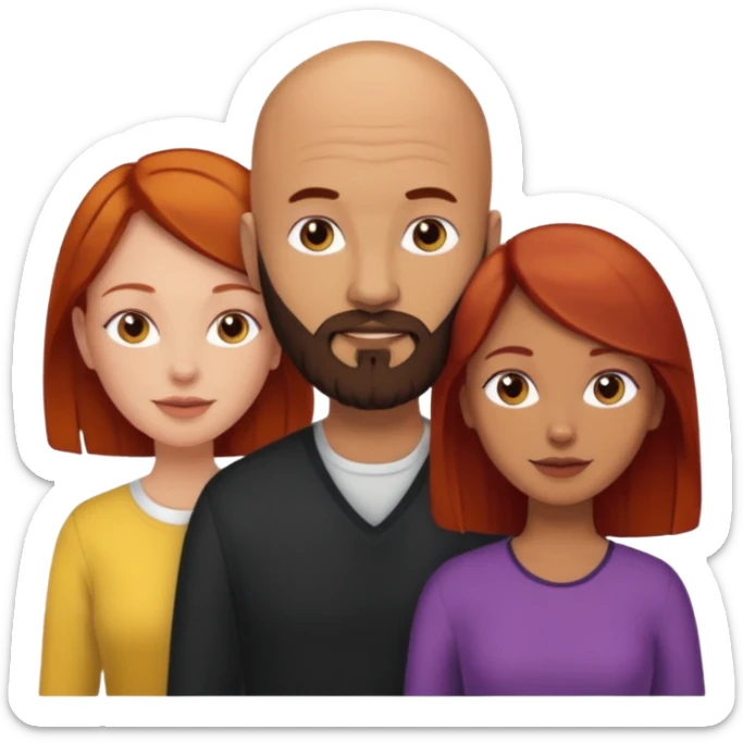 Couple. A bald man with dark brown beard and a girl with light skin. She is a redhead and has dark yellow brown auburn hair. Different skincolor. She has very light skin. sticker