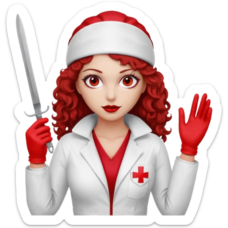 Scary woman scalpel in hand, evil surgeon sexy surgeon clothes.  She has red eyes. Her  brown long curly hair. Wears sexy doctor outfit with red gloves. make her wear red ski mask  to hide. Wears white surgeon jcketneb sticker