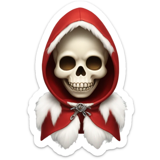 Cute, happy little skull wearing a red velvet hood with white fur trim. sticker