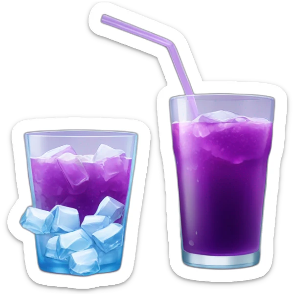 A purple drink with ice in a double plastic stanak a glass of mute is poured out sticker