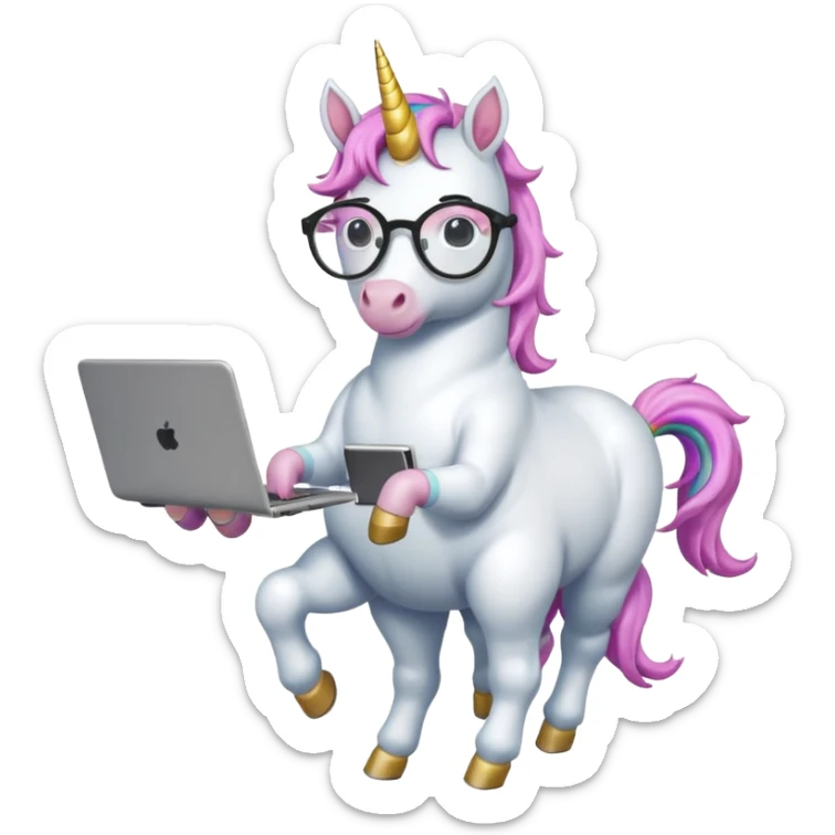 Unicorns holding laptop book
A full body of scholar unicorn wearing round glasses, holding a laptop. sticker