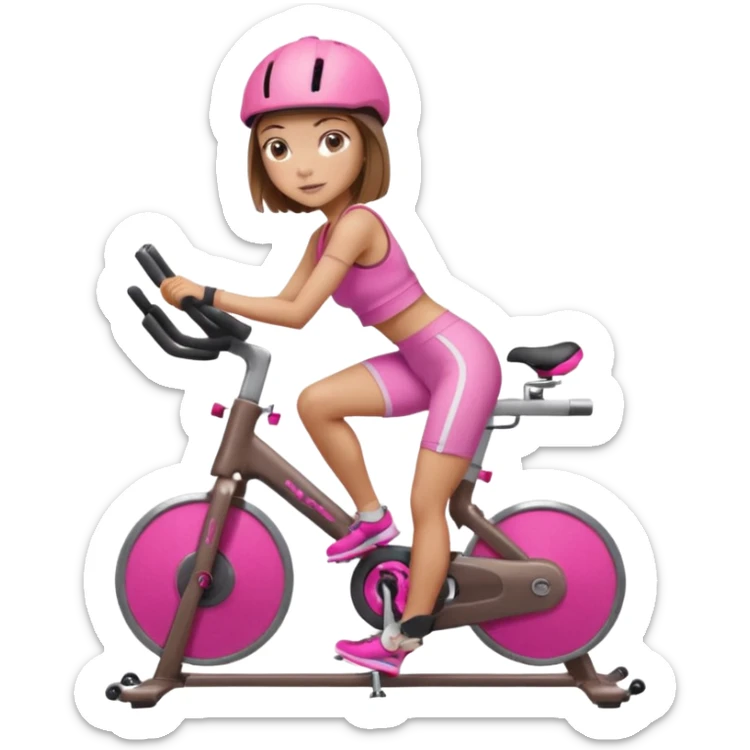 Light tan girl with a brown bob hat style with pink highlights in a pink workout set leaning on a indoor cycle bike sticker