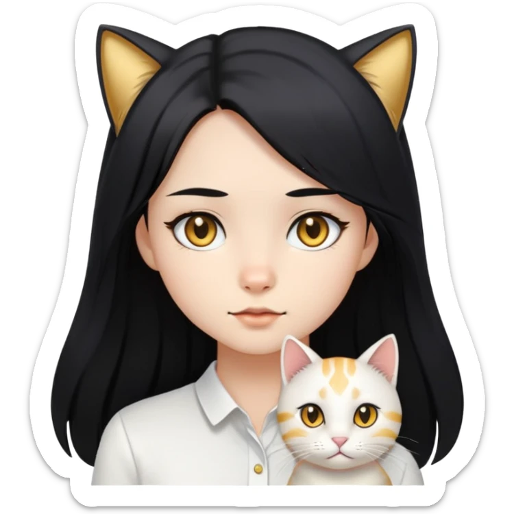 long black hair girl with black eyes with light gold cat wearing white shirt sticker