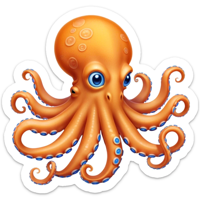 Cinematic Noble Octopus Portrait Emoji, Poised and enchanting, with a light orange body adorned with vibrant blue rings and eight delightfully curling arms with gentle suckers, large sparkling eyes exuding warmth and playfulness, Simplified yet charmingly expressive features, highly detailed, glowing with a soft, magical underwater radiance, high shine, intelligent and irresistibly cute, stylized with an air of whimsical marine enchantment, focused and fluid, soft glowing outline, capturing the essence of a watchful and endearing octopus that appears ready to float out of the screen with delightful charm! sticker