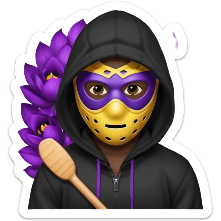 non human male cartoon character related to a shadow, all black skin, with all black clothes, focusing a black hoodie, and a black hockey mask covering his entire face, just his purple shadow eyes making a light bloom, no background sticker