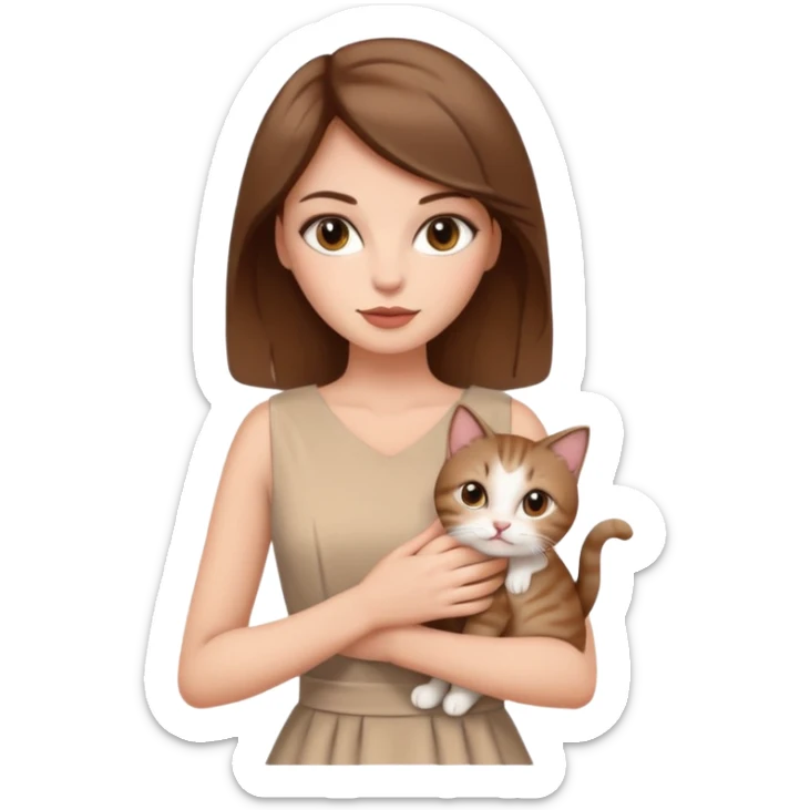 Stylish white woman with brown hair with makeup in beige dress holding a cat sticker