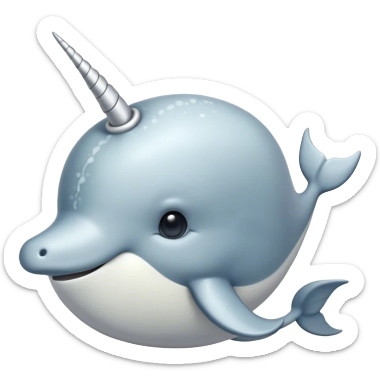 Cinematic Noble Narwhal Portrait Emoji, Poised and majestic, with a robust, streamlined body draped in mottled, silvery-gray skin, featuring a long, spiraled, ivory tusk and deep, thoughtful eyes that exude ancient oceanic wisdom, Simplified yet sharp and sophisticated features, highly detailed, glowing with a soft, ethereal arctic glow, high shine, intelligent and enigmatic, stylized with an air of mythical marine grandeur, focused and graceful, soft glowing outline, capturing the essence of a watchful and confident sea unicorn that appears ready to glide out of the screen with timeless authority! sticker