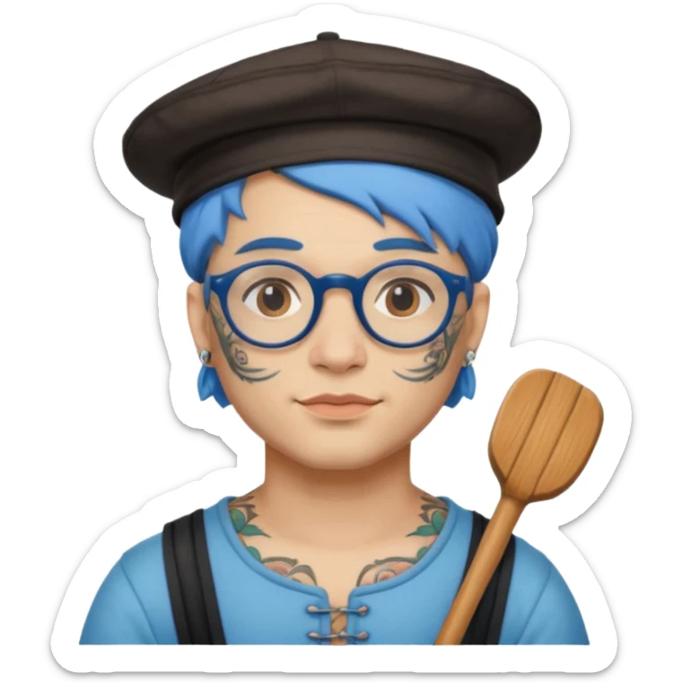 very tattoed face, normal glassess, fat venice gondolier with iconic hat and blue hair woman sticker