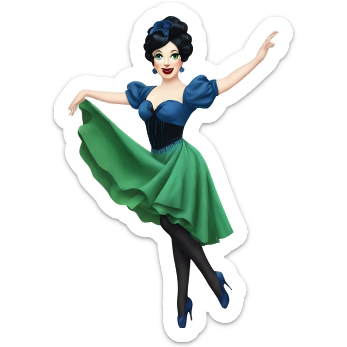 Burlesque dancer wearing blue with black hair, pale skin, and green eyes in a dark blue vintage costume dancing sticker