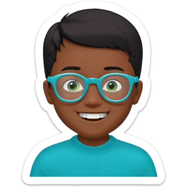Chico de 7 años, pelo negro y repeinado, piel oscurita, gafas rectangulares azules, sonriente sin 1 diente, jersey verde turquesa y ojos rasgados, no redondeados sticker